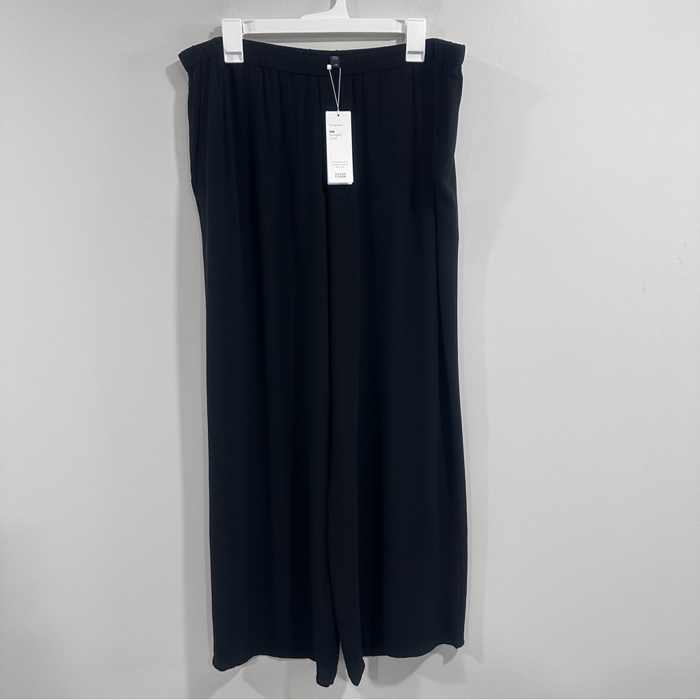 EILEEN FISHER WIDE LEG 100% SILK ELASTIC WAIST POCKETS BLACK PANT SIZE L / G